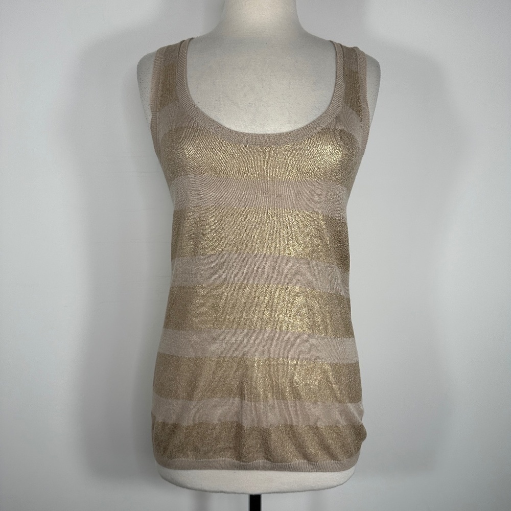 TORY BURCH Women's Khaki Shiny Striped Sleeveless Top Blouse Size XS